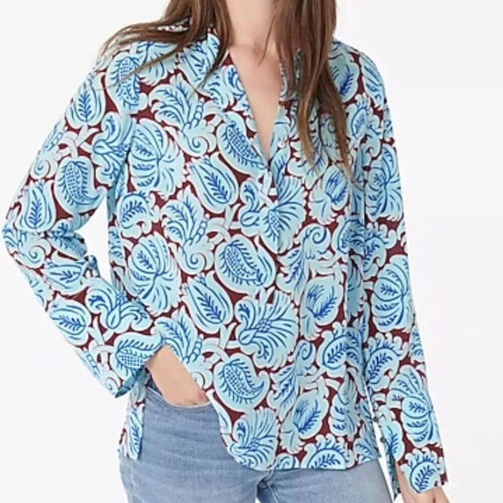 J.Crew Women's Printed Blue Silk Long Sleeves Tunic Top Sz Small